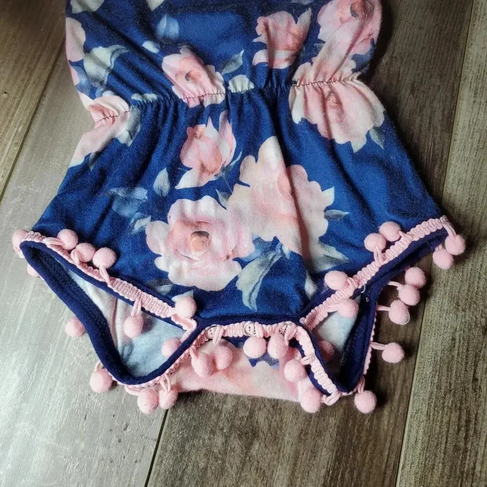 Baby Girl Blue and Pink Floral Pom Pom Trim Romper Size 3-6M